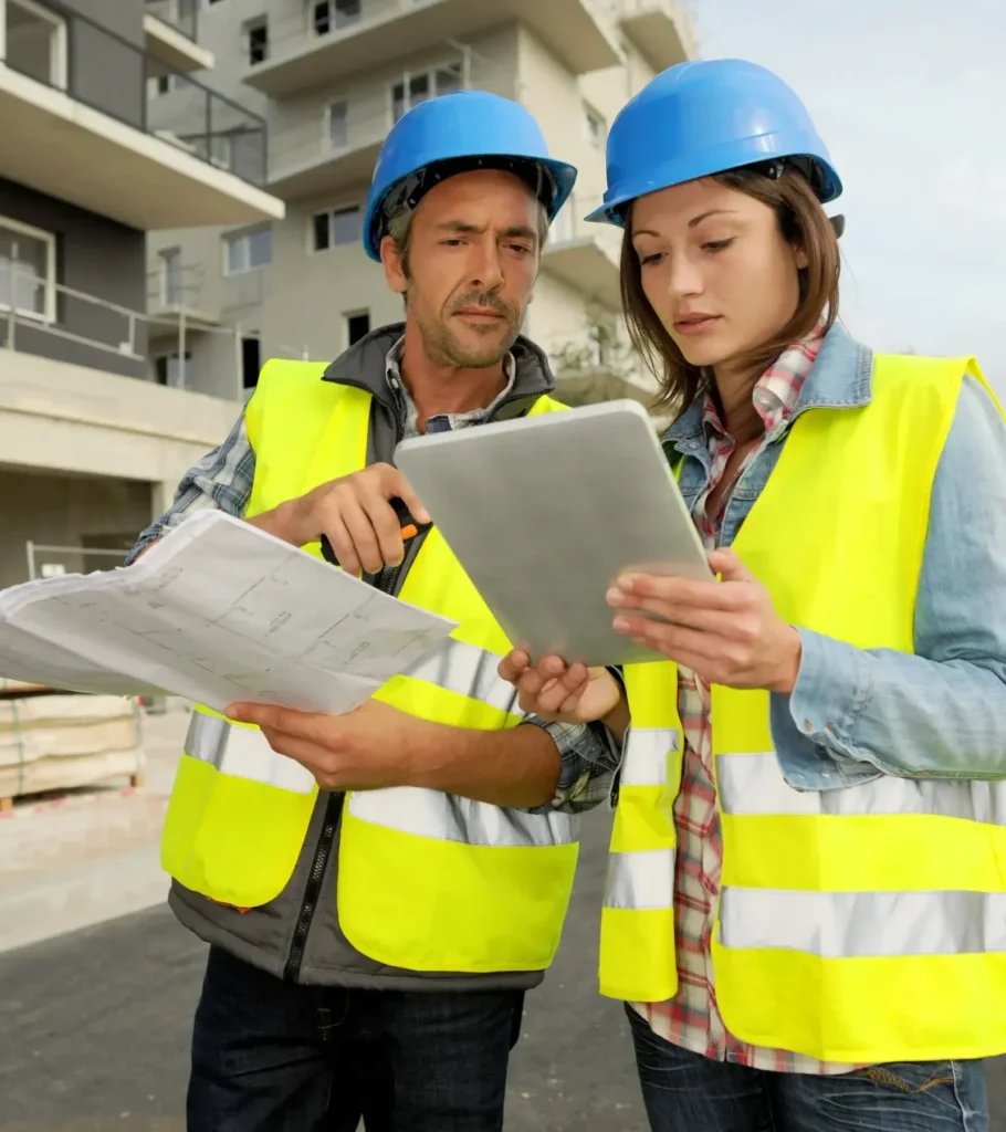Two construction workers wearing yellow safety vests and blue helmets review plans on a tablet and paper at a building site, discussing bridging finance for businesses to support their ongoing project needs.