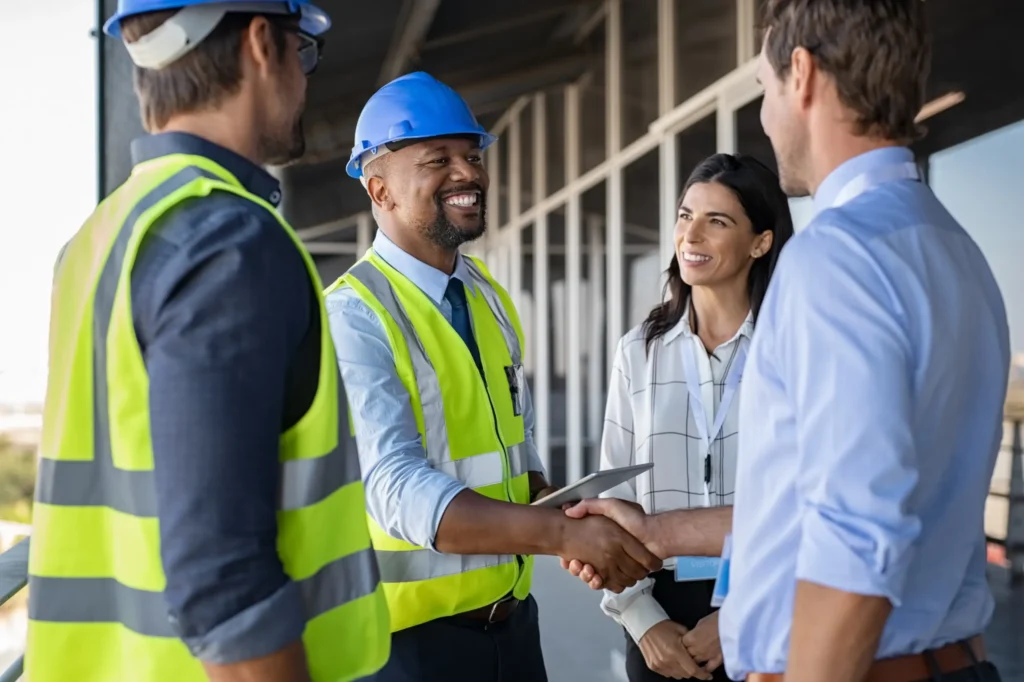 Two men in safety vests and helmets shake hands whilst a woman and another man look on at a construction site, highlighting teamwork and the importance of business cashflow solutions in successful building projects.