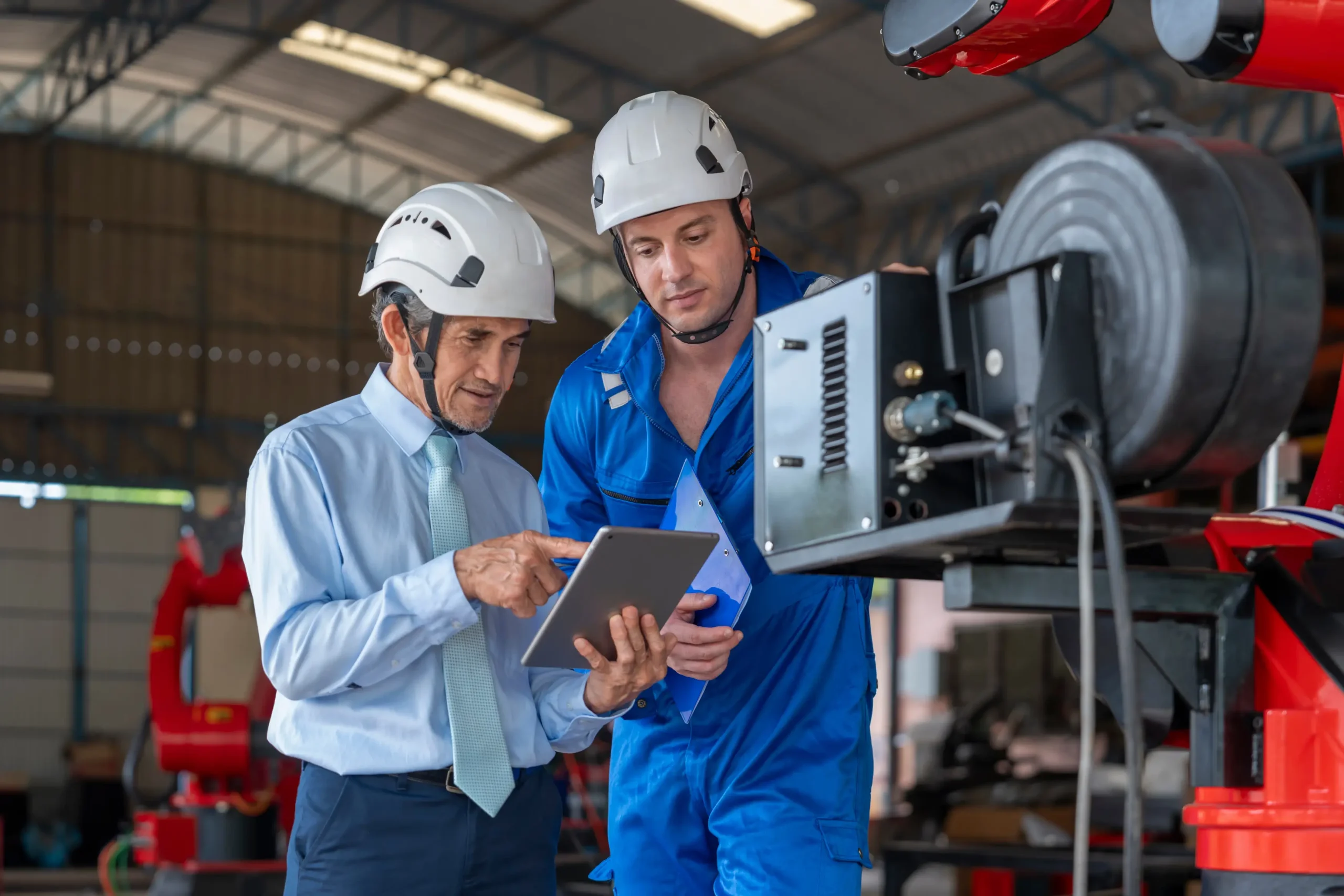 Two men wearing safety helmets, checking if they need to finance working capital. One man is in a suit and the other in blue overalls, look at a tablet together in an industrial setting with machinery in the background.